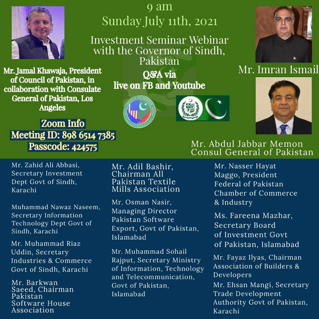 Investment Seminar Webinar with the Governor of Sindh on Sunday, July 11 at 9am